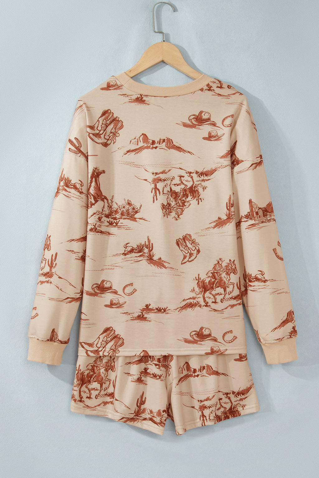 Beige Western Print Loose Fit Long Sleeve Top Short Set