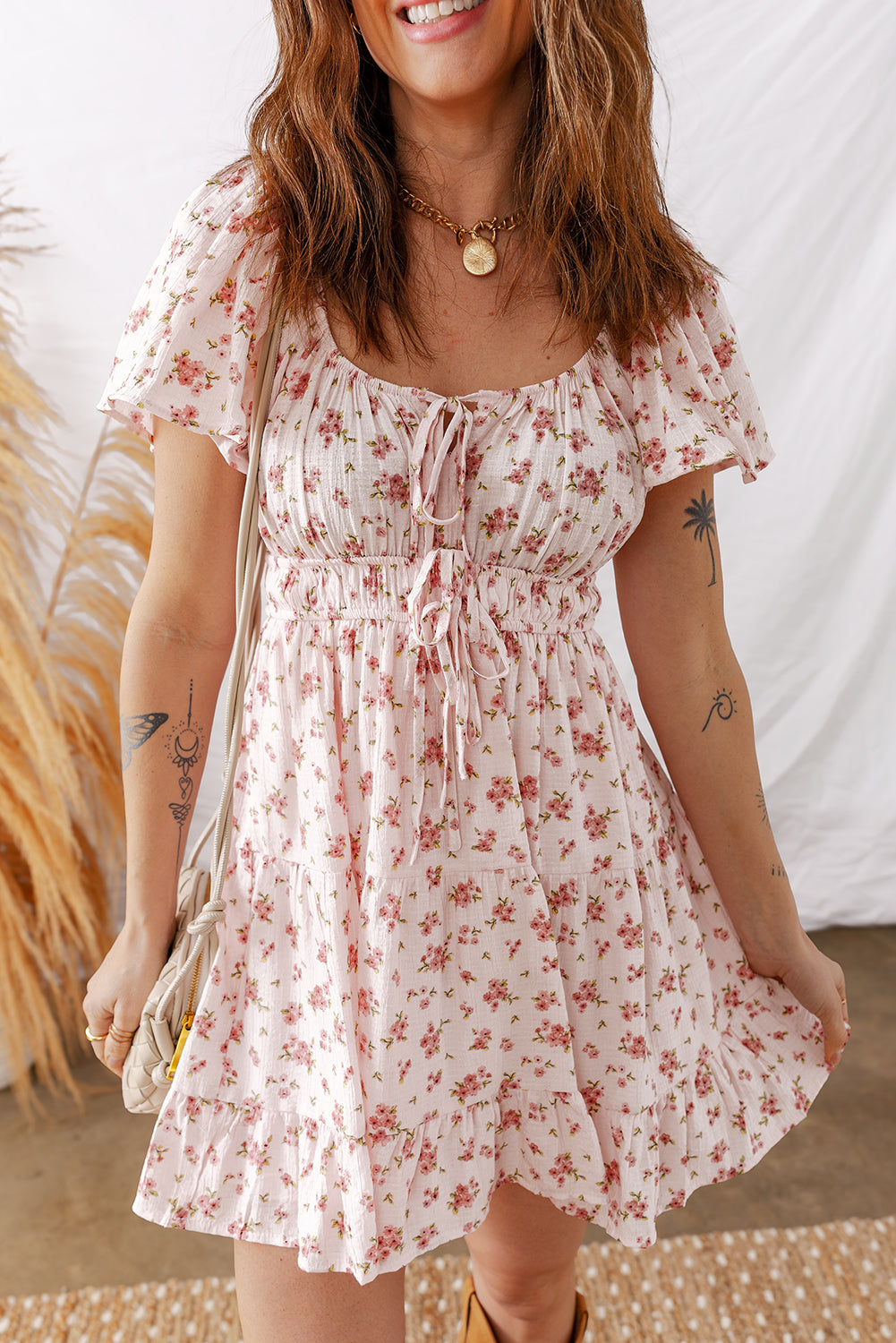 Pink Front Tie Shirred Waist Short Sleeve Ruffled Floral Mini Dress