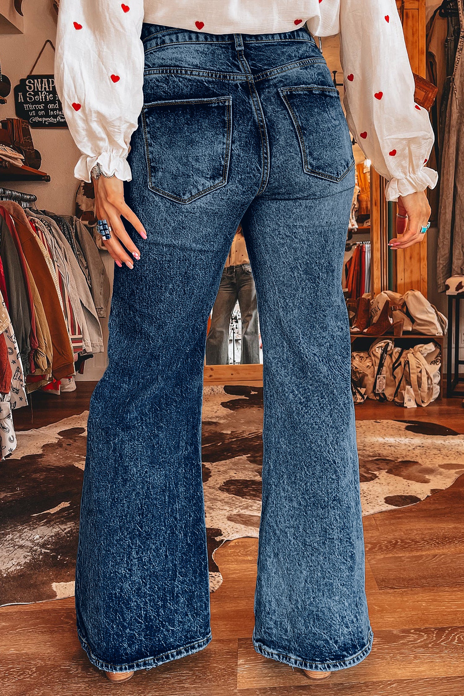 Sail Blue Acid Wash Pocket Detail Flare Jeans
