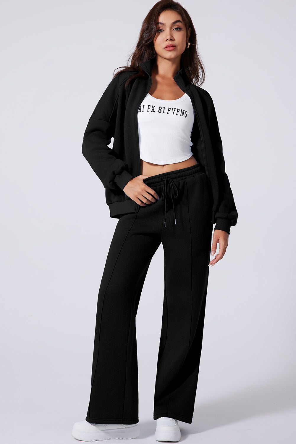 Black Drop Shoulder Zip Up Jacket Drawstring Pants Active 2pcs Set