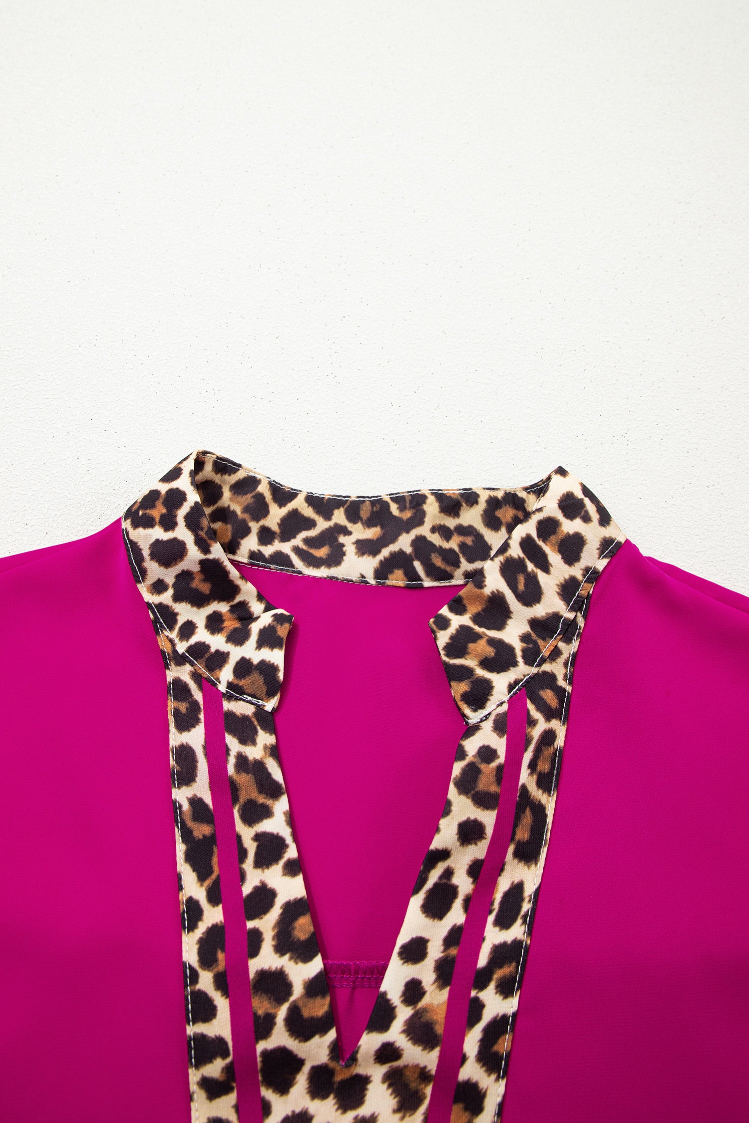 Violet Leopard Patchwork Trim Split Neck Short Sleeve Blouse