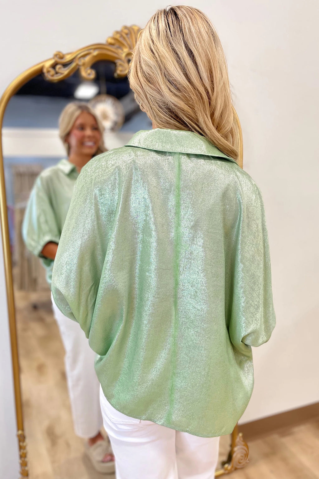 Myosotis Collared V Neck Half Sleeve Metallic Top