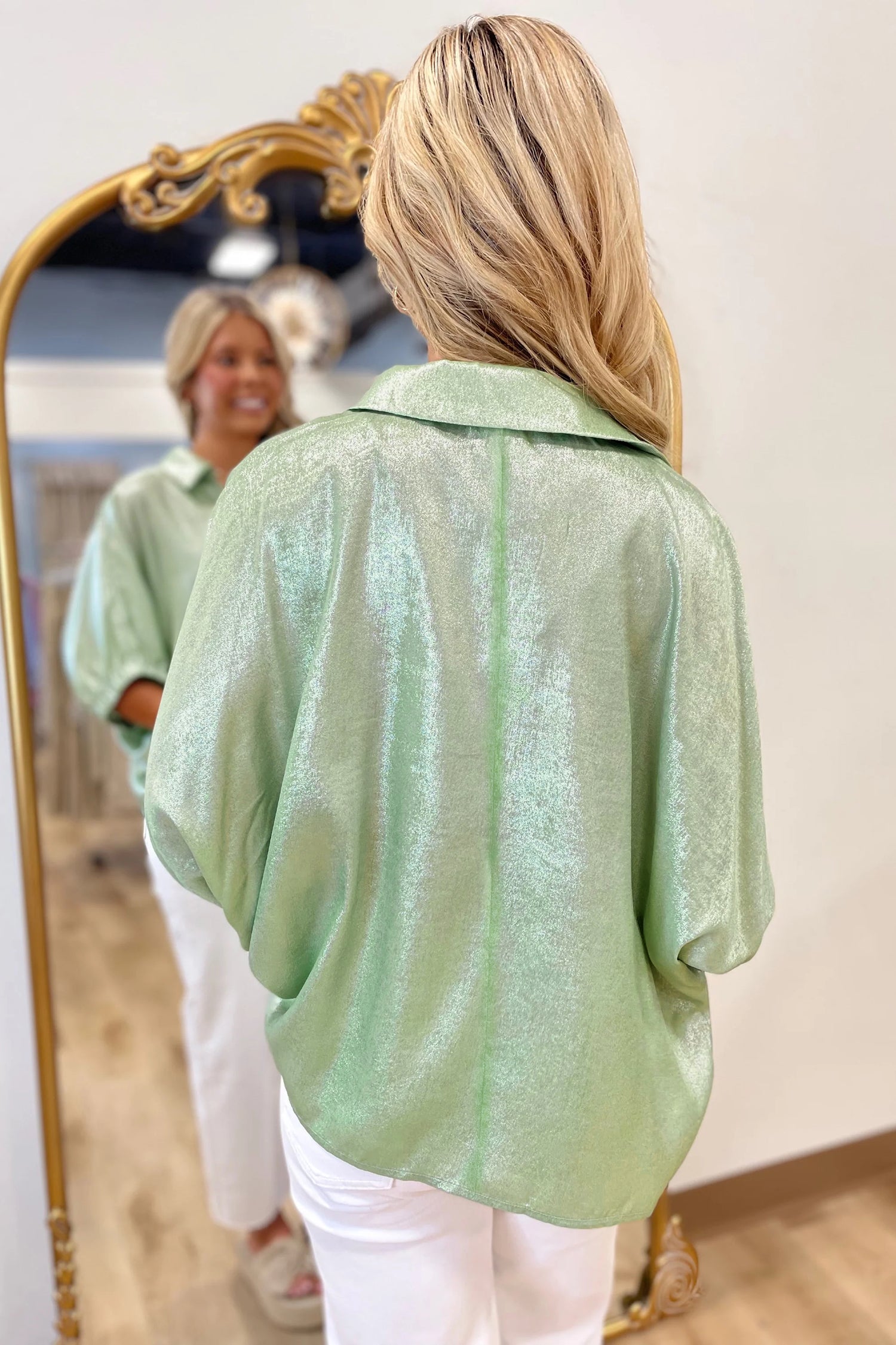Myosotis Collared V Neck Half Sleeve Metallic Top