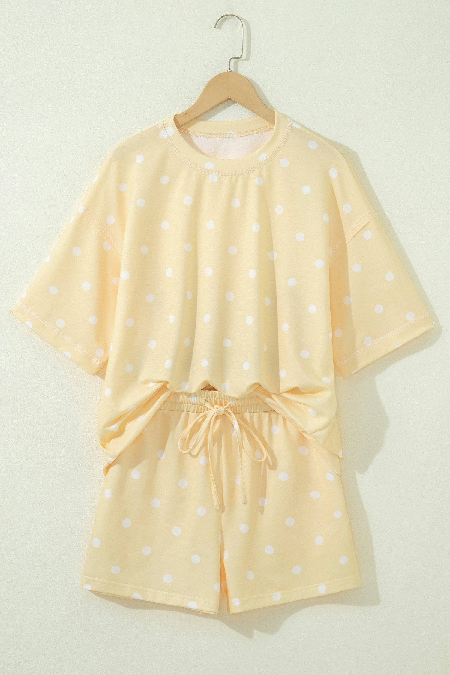 White Exposed Seam Detail Polka Dot Loose Tee Drawstring Shorts Set