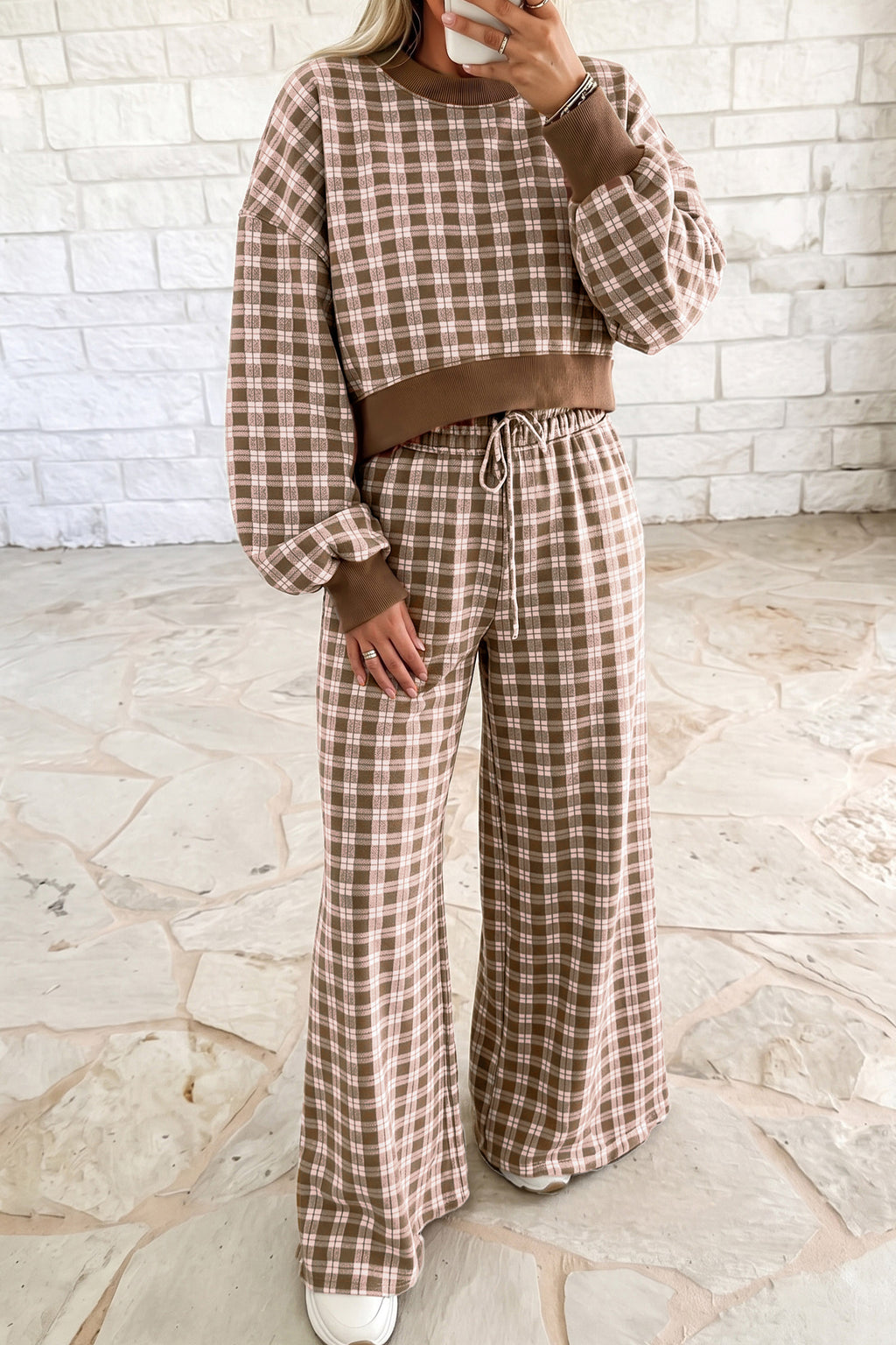 Plaid Cropped Long-Sleeve Top & Wide-Leg Pants Set