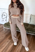 Khaki Striped Long-Sleeve Top & Wide-Leg Pants Lounge Set