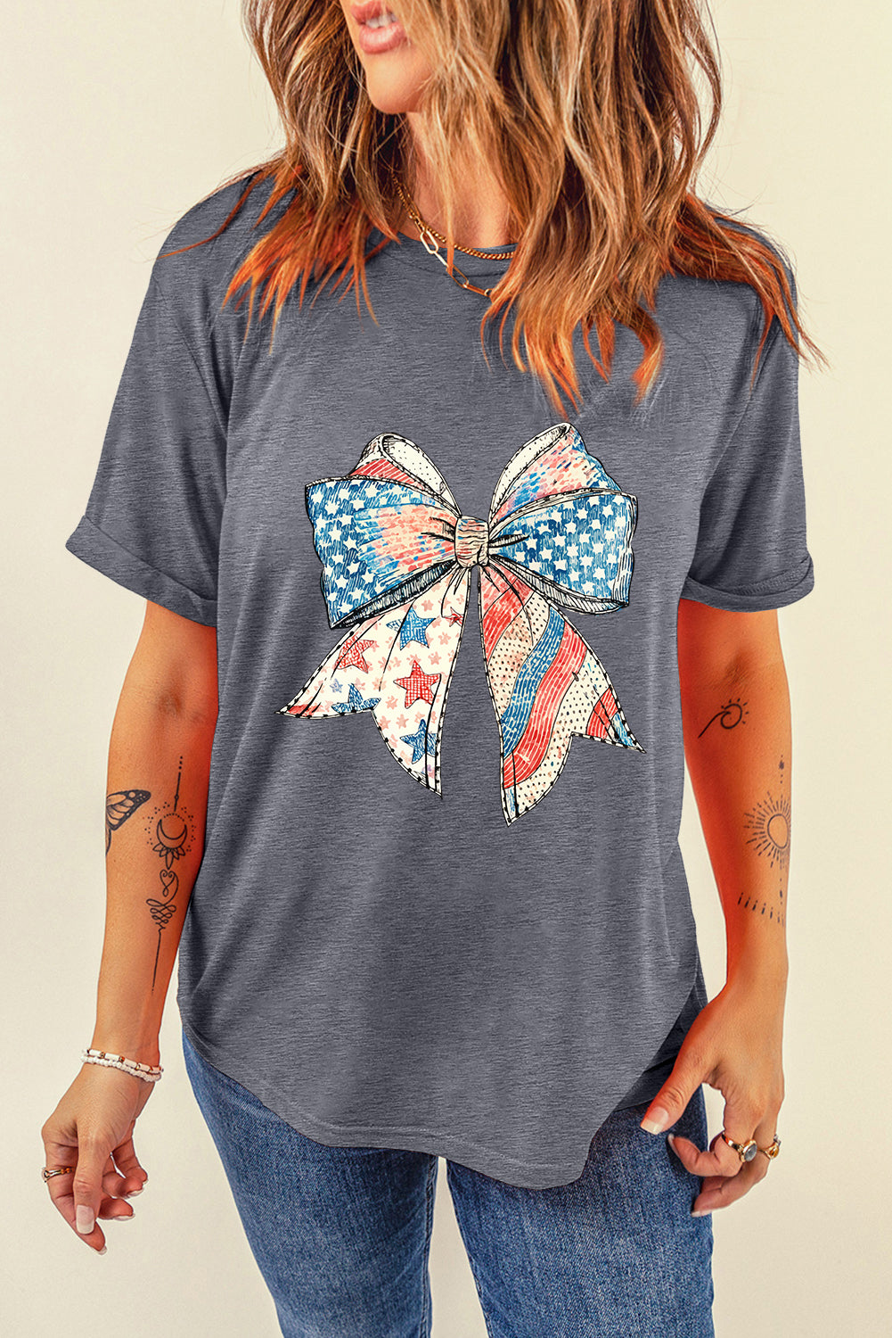 Gray US Flag Bow Print Round Neck Loose T Shirt