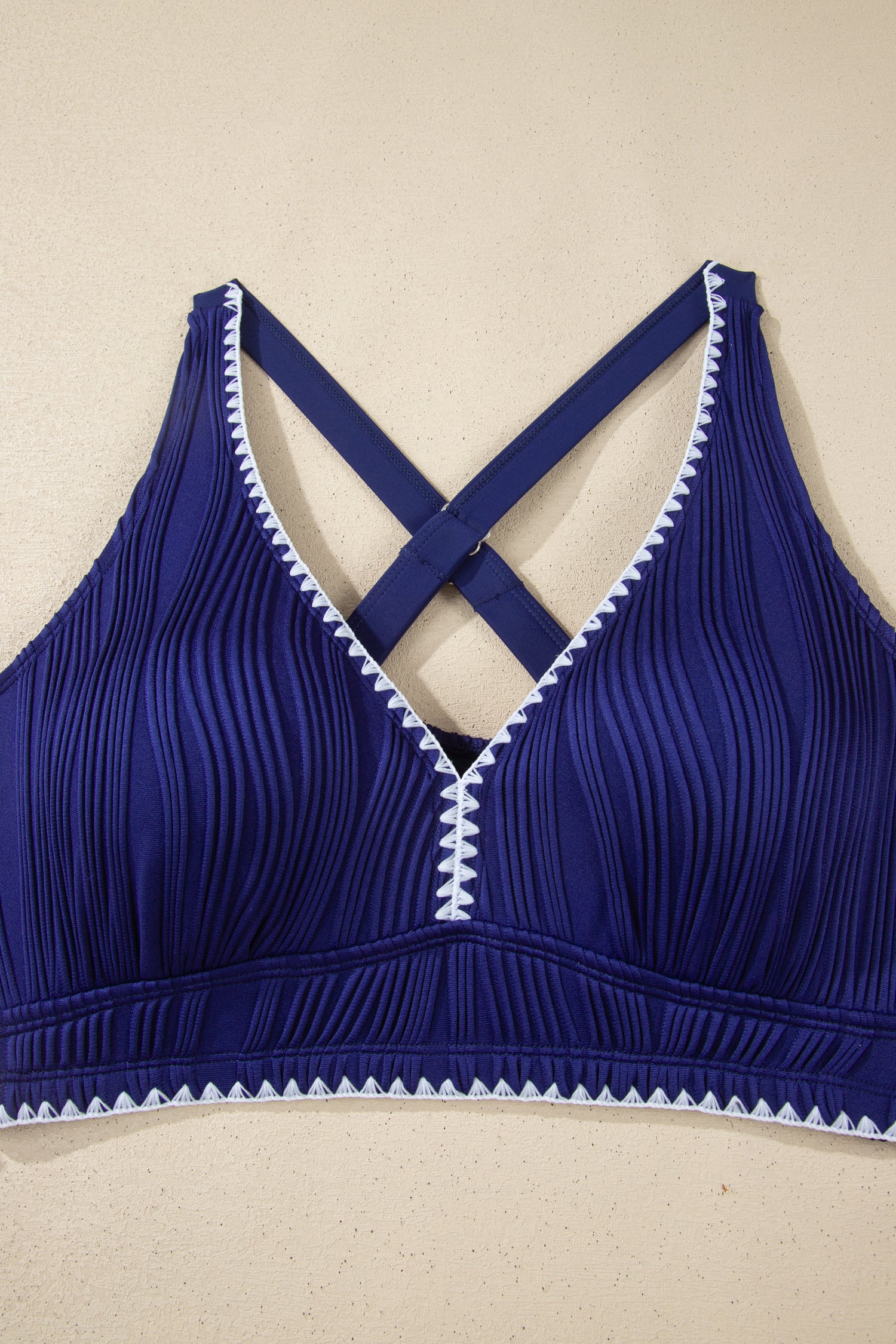 Dark Blue Shell Stitched Trim V Neck Textured Mix and Match High Waist Bikinis