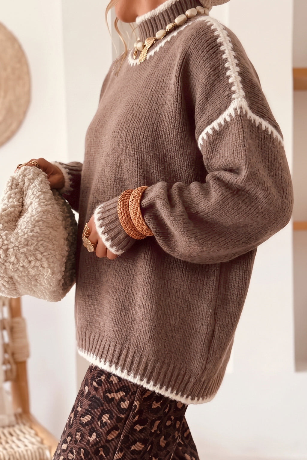Contrast Trim Mock Neck Relaxed Sweater