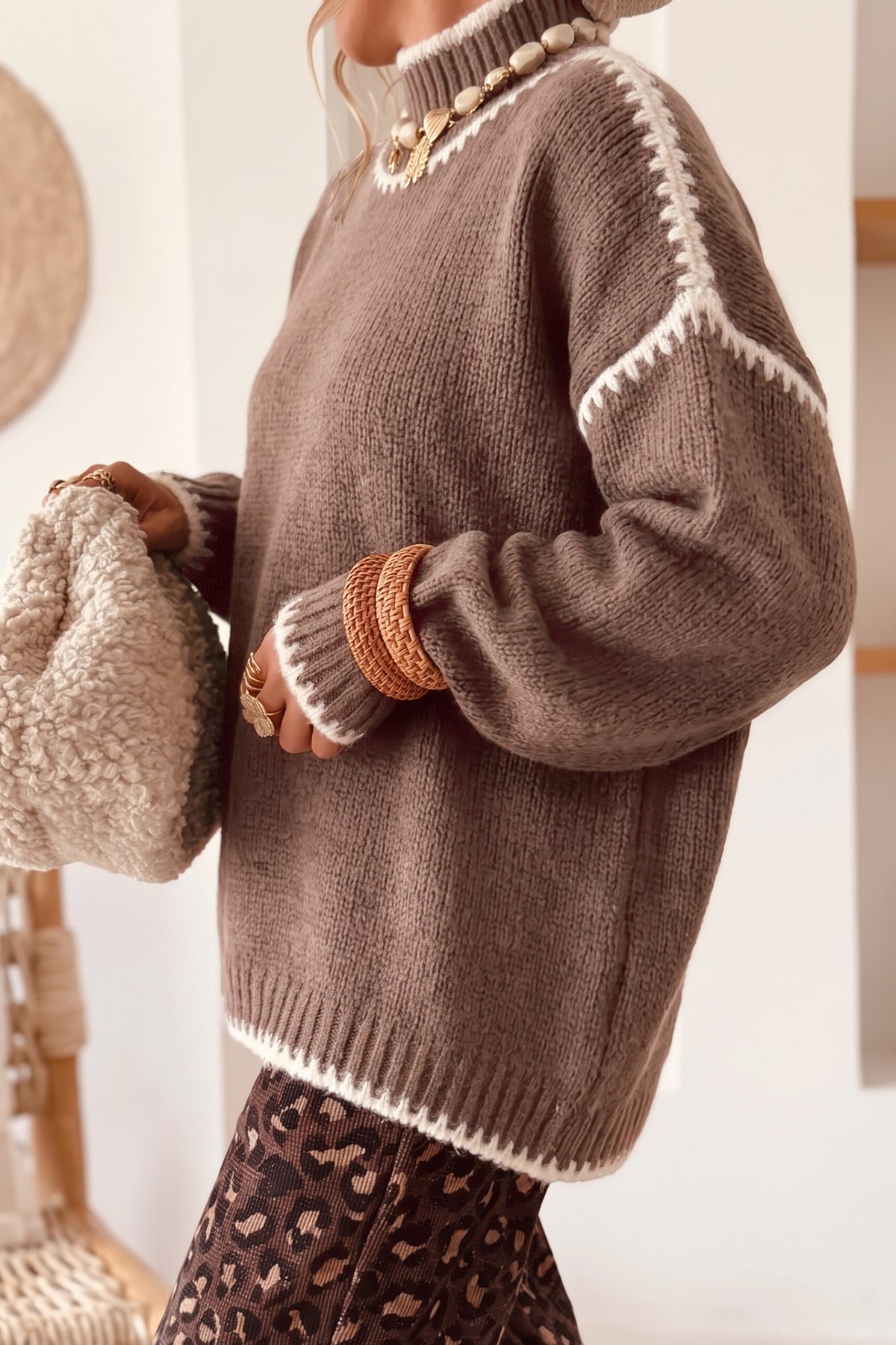 Contrast Trim Mock Neck Relaxed Sweater