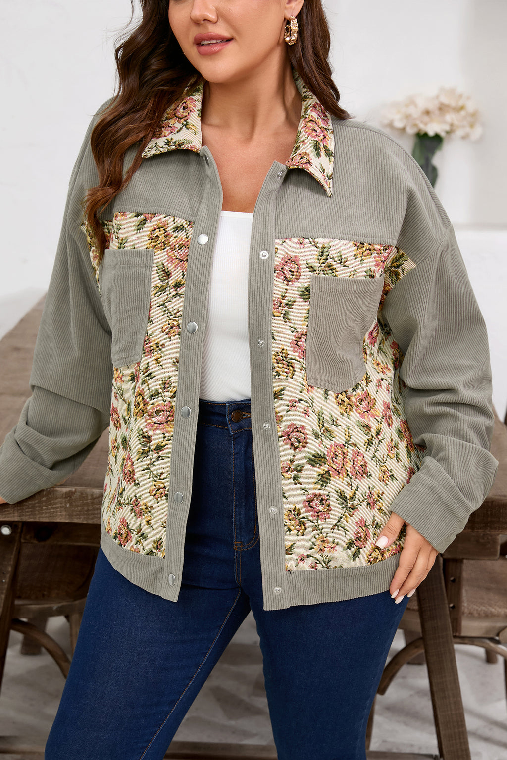 Medium Grey Corduroy Floral Patchwork Vintage Jacket